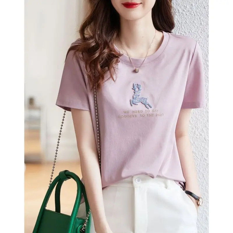 

2024 Women's Summer Pullovers Printed Crew Neck Character Versatile Korean Version Loose Casual Short Sleeve T-shirt Tops