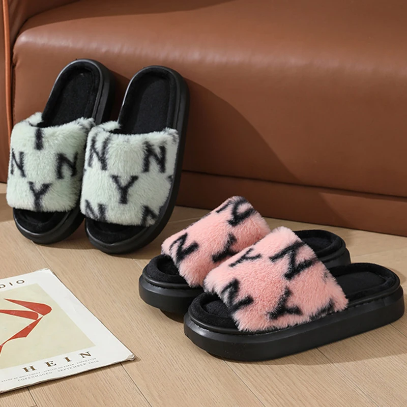 2025 New Open Toe Fluffy Furry Slippers Women Autumn Winter Indoor Non Slip Platform Slides Woman Indoor Soft Sole Plush Slipper