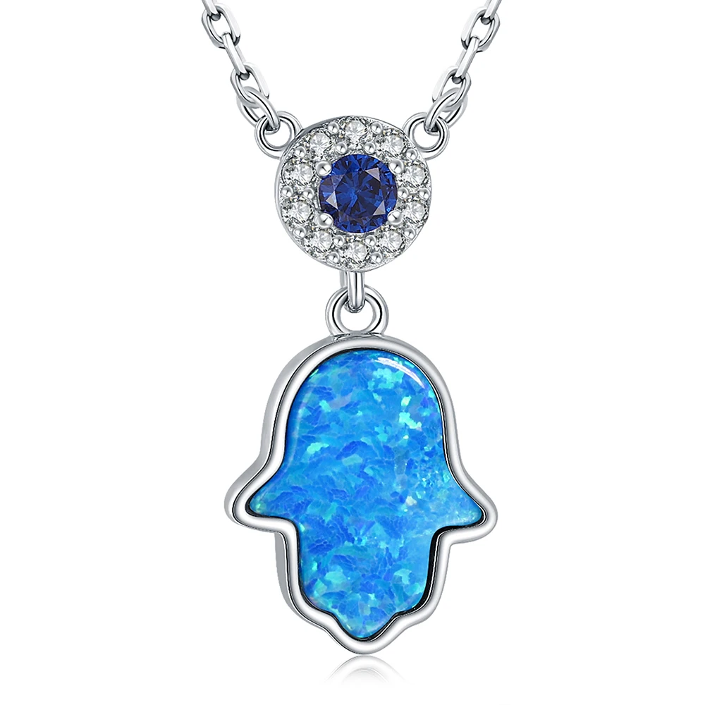 

925 Sterling Silver Blue Opal Hamsa Hand Necklace Evil Eye Pendant Jewelry Mothers Day Christmas Gifts For Women Mom Wife Friend