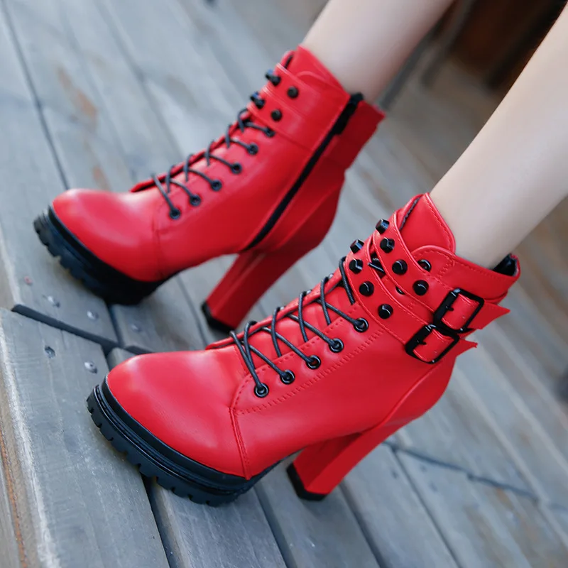 Women Motorcycle Boots New Female Fashion Woman's 11cm High Heel Mature Boots Flat Vintage Buckle Casual Lady Boots