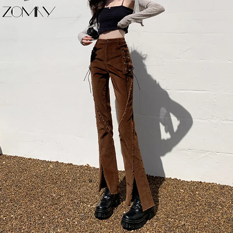

ZOMEY 2023 New Spring Y2K Lady's Street High Waist Retro Brown Women's Mopping Flared Trousers Split Elastic Crotch Strap Pants