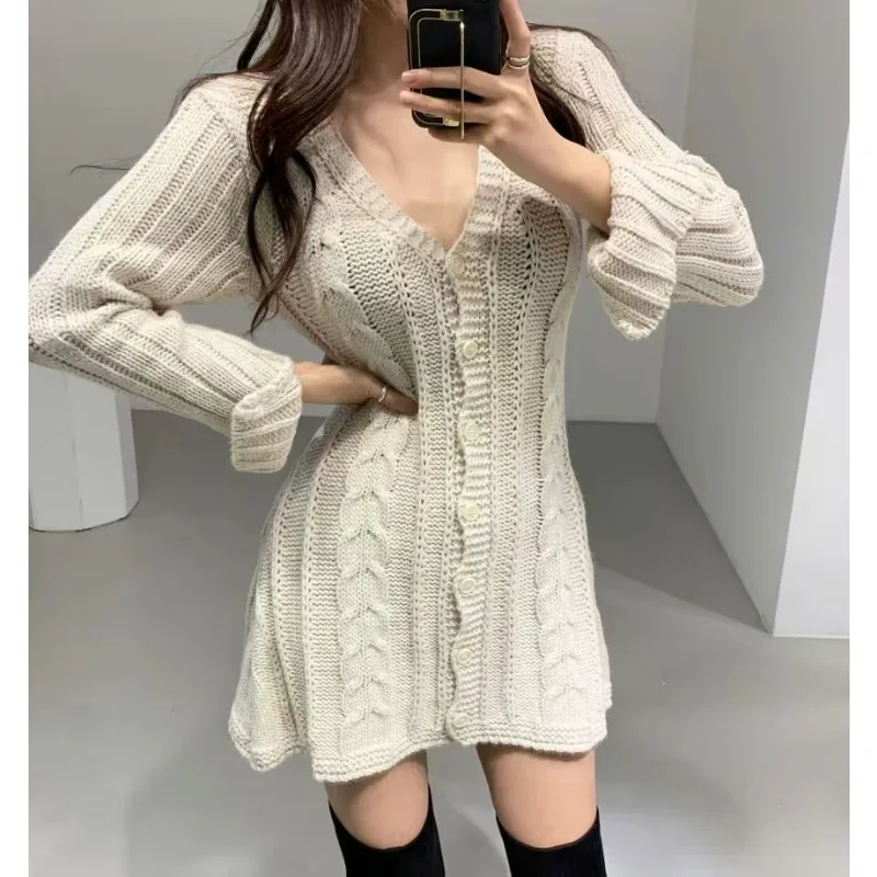 Korean Fashion Long Sleeve Slim Fit A-line Casual Party Dress V-neck Twist Single-breasted Sweater Knitted Short Dress Female