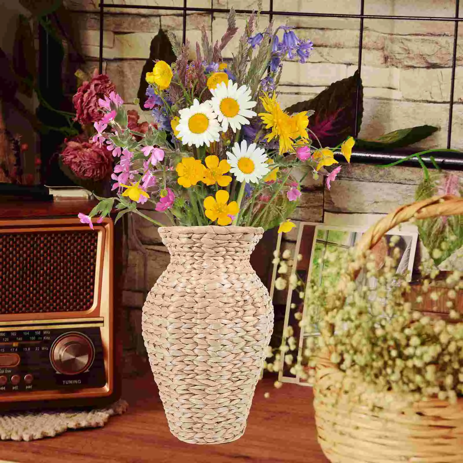 Wicker Rush Vase Flower Pot Clear Straw Flat Basket Weave Prop Eyeglasses Lanyard 6