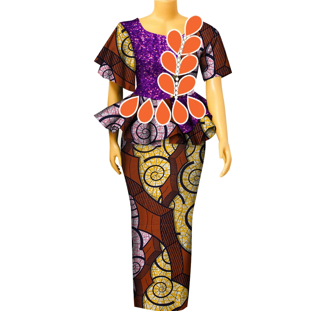BintaRealWax 여성용 아프리카 투피스 세트, Dashiki 물방울 패턴 아프리카 의류, 파티용 바진 레이디 의류, YF104