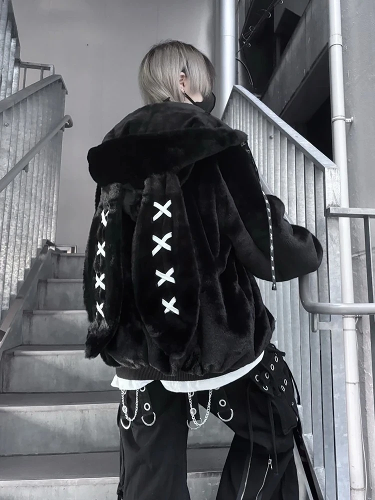 Trendy Womens Black Cute Bunny Ear Collar Zip Up Jacket Y2K Kawaii Oversized Plush Coat Street Style Plush Bunny Ear Warm Coat