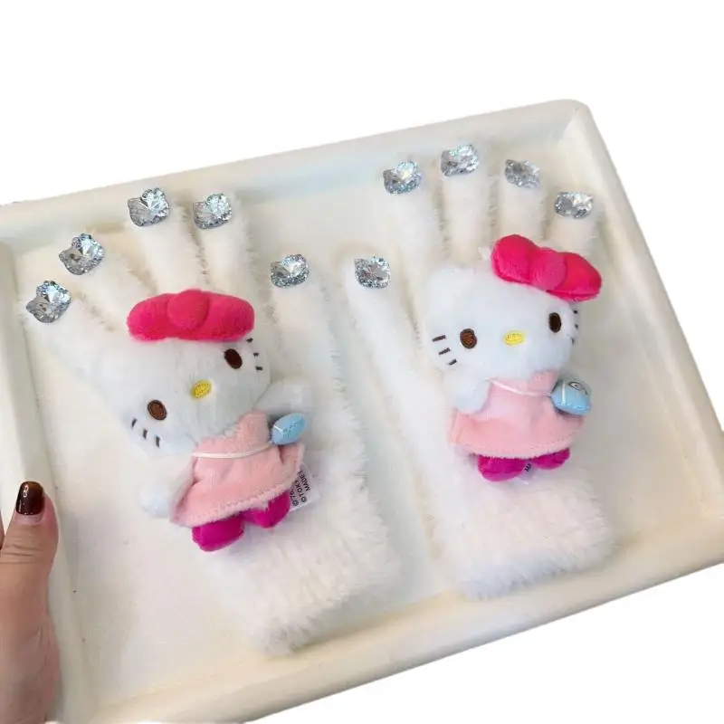 

Sanrios Plush Gloves Kitty Anime Peripheral Original Rhinestone Gloves Winter Imitation Mink Warm Knitted Gloves Christmas Gift