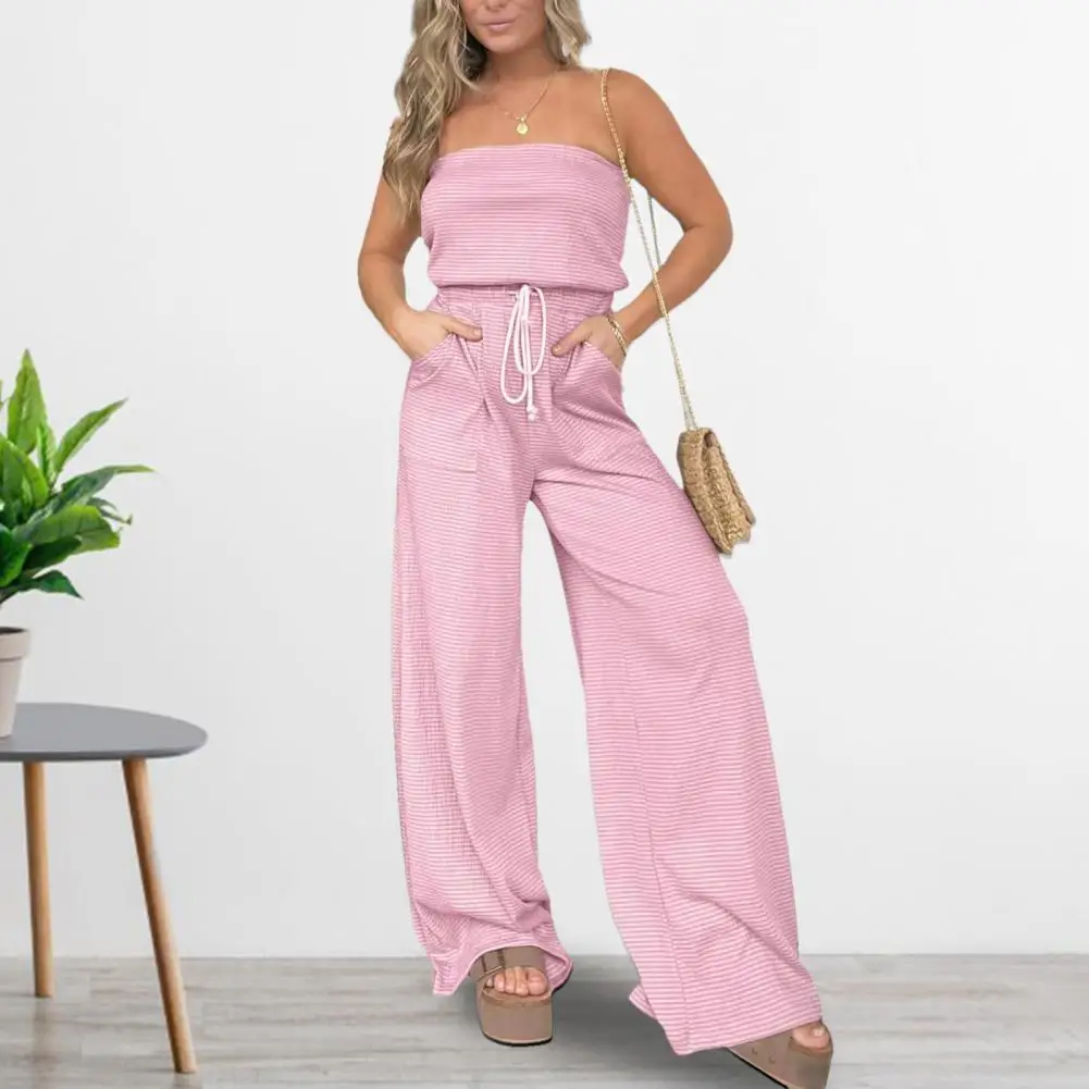 

Side Pocket Jumpsuit Loose Fit Tube Top Jumpsuit Striped Print Off Shoulder Jumpsuit with Side Pockets for Women Vacation Beach