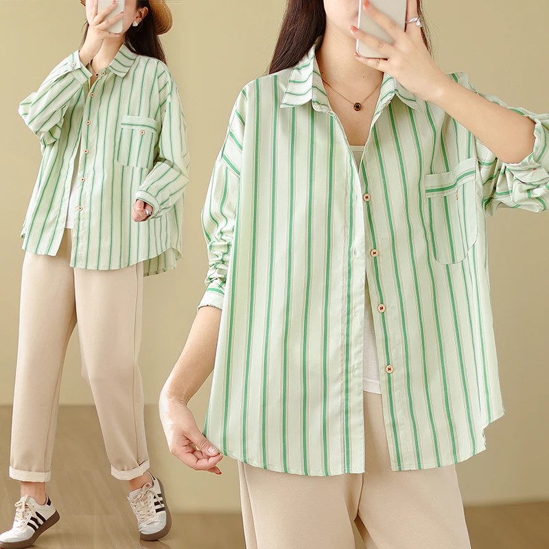 

Женская блузка в полоску, Повседневная Свободная рубашка с длинными рукавами и отложным воротником, с карманами, в Корейском стиле, модель S08 на весну, 2024