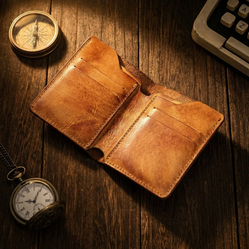Retro Handcrafted Genuine Leather Small Wallet for Men, Vintage Durable EDC Card Holder, Men Multi-card Slots Organizer Wallet