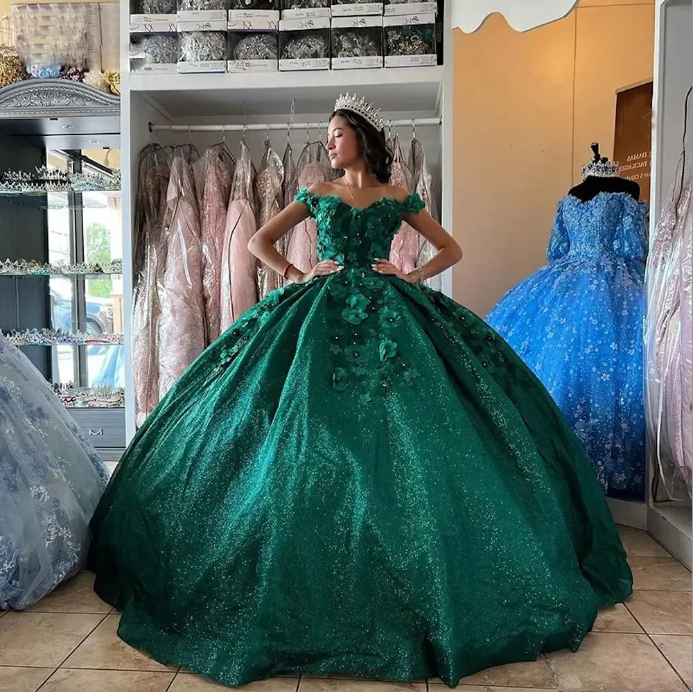 

ANGELSBRIDEP летние платья для Quinceanera темно-зеленое блестящее милое платье 15 3D ручной работы Цветочные бусины для девочек-подростков платье на день рождения
