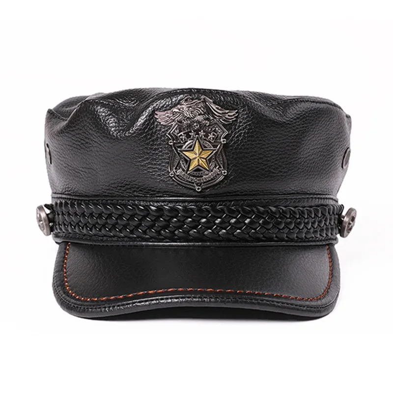 

2023 New Autumn Winter Natural Cowhide Leather Caps For Men And Women Military Hats Flat Cap Punk Personality Brands Leather Hat