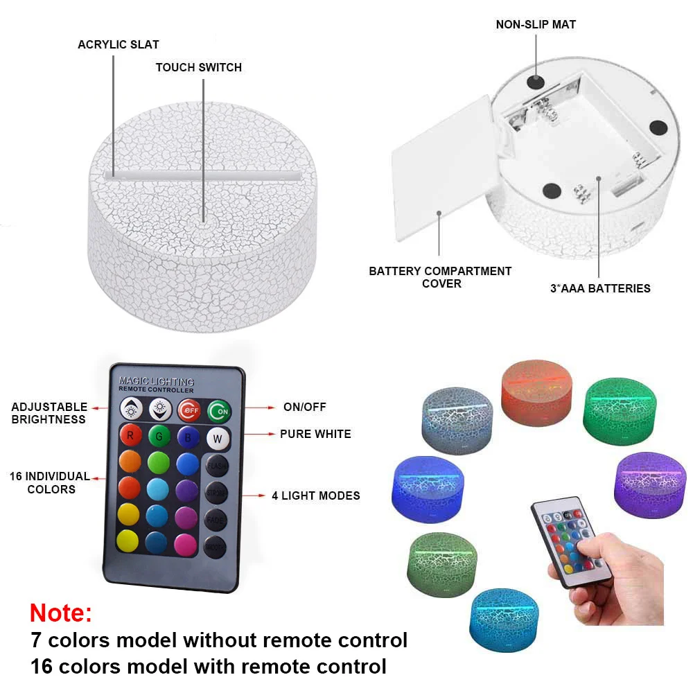실내 장 3D 야간 조명, USB 리모컨 LED 광학 착시 램프, 어린이 생일 크리스마스 선물, 예술 체조