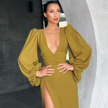 

Cap Sleeve High Slit V Neck Floor Length Evening Dresses Button High Quality Jersey Women's Dress Floor Length Robes De Soirée