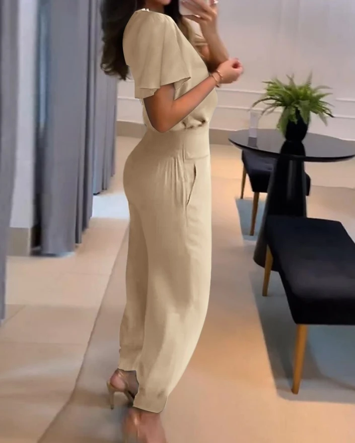 Two Piece Set Women Outfit 2024 Summer Fashion Bell Sleeve Ruched Short Sleeve Top & Casual Daily High Waist Cuffed Pants Set