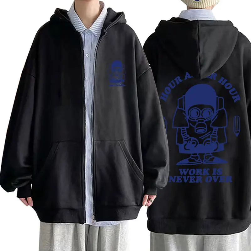 

Funny Unisex Anime Oversized Jacket Hot-blooded Action Sci-fi Comedy Adventure Hour After Hour Work Is Never Over Zipper Hoodie