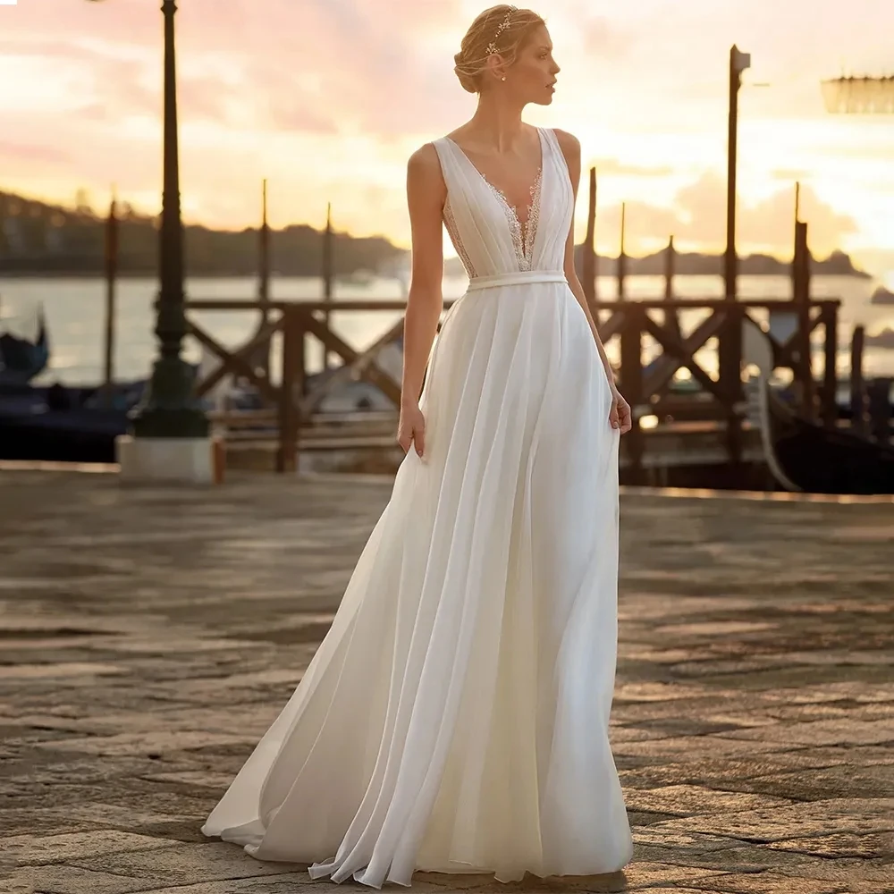 

New Simple V-Neck Chiffon Wedding Dress For Women Beach Style Tank Lace Buttons Back A-Line Bridal Gowns Hochzeits Kleid