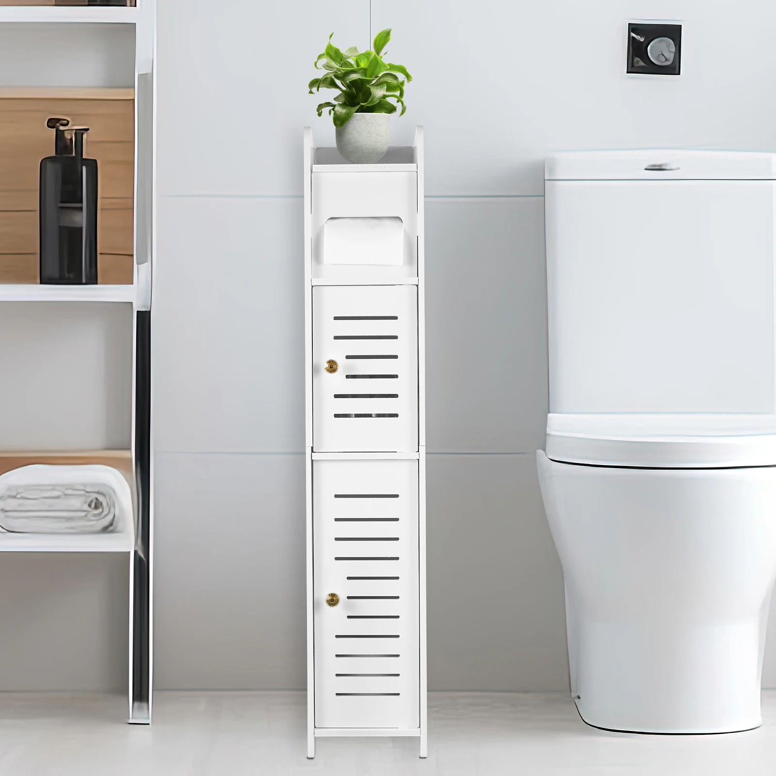 

Bathroom Storage Cabinet 3 Tier Bathroom Floor Cabinet Organizer with Door and Open Shelf 31.5×5.9×5.9 Inch Free-Standing Toilet