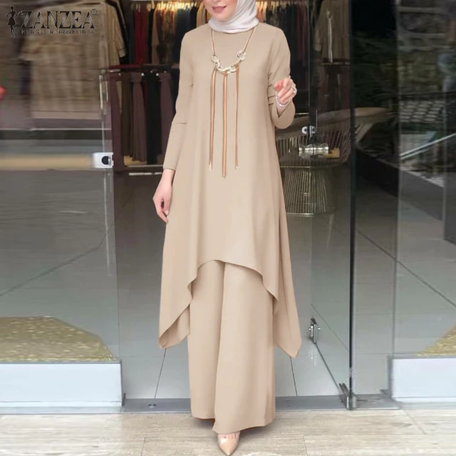 HijabFab ZANZEA Terno Outfit for Women Casual Sets O-Neck Short Sleeve Tops  Loose Wide Leg Straight Pants Suits #15 #23-5