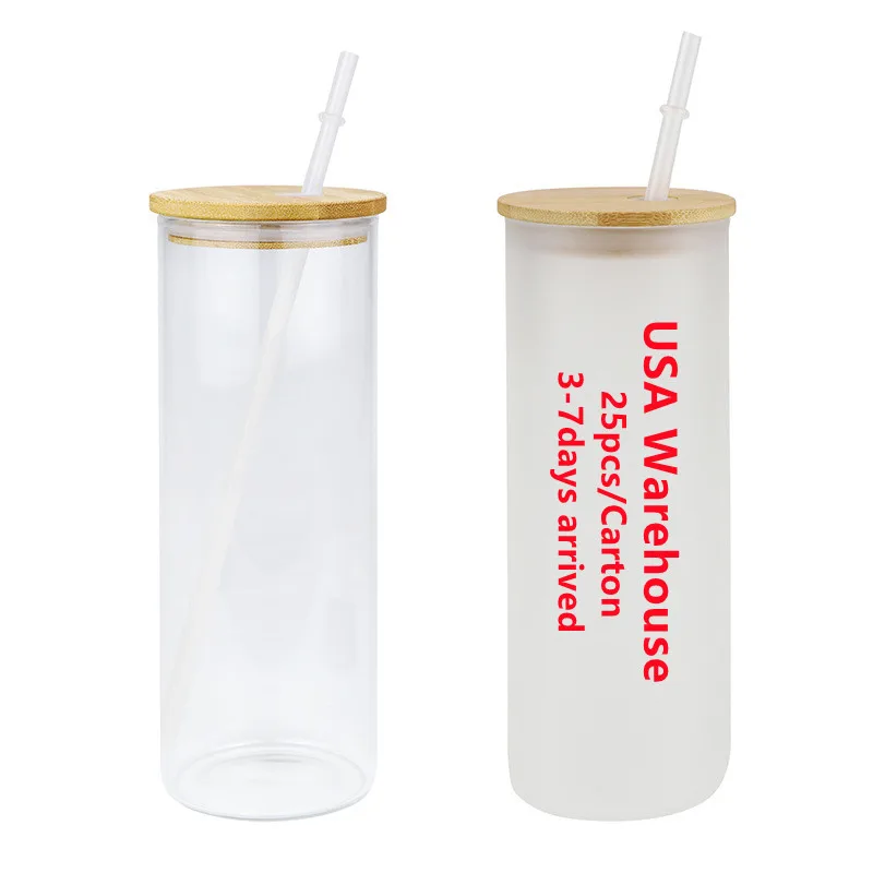 

25pack USA Warehouse 25oz Printed Clear Frosted Blank Drinkware Beer Can Glass Sublimation Tumbler with bamboo lid and Straw