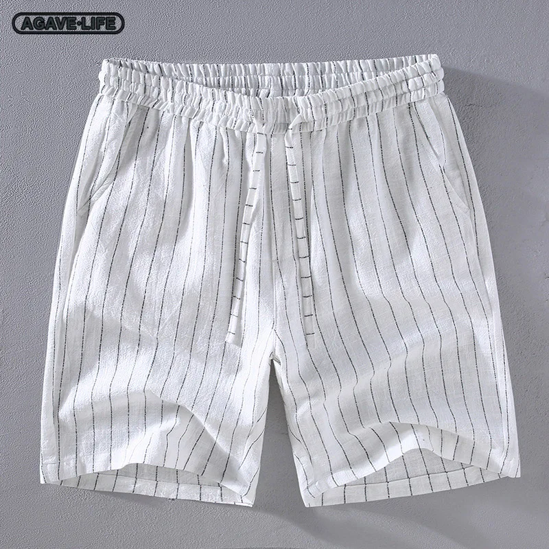 

Шорты Ramie мужские в японском стиле, Молодежные свободные дышащие хлопковые короткие штаны в стиле ретро, модные спортивные пляжные тонкие брюки в полоску