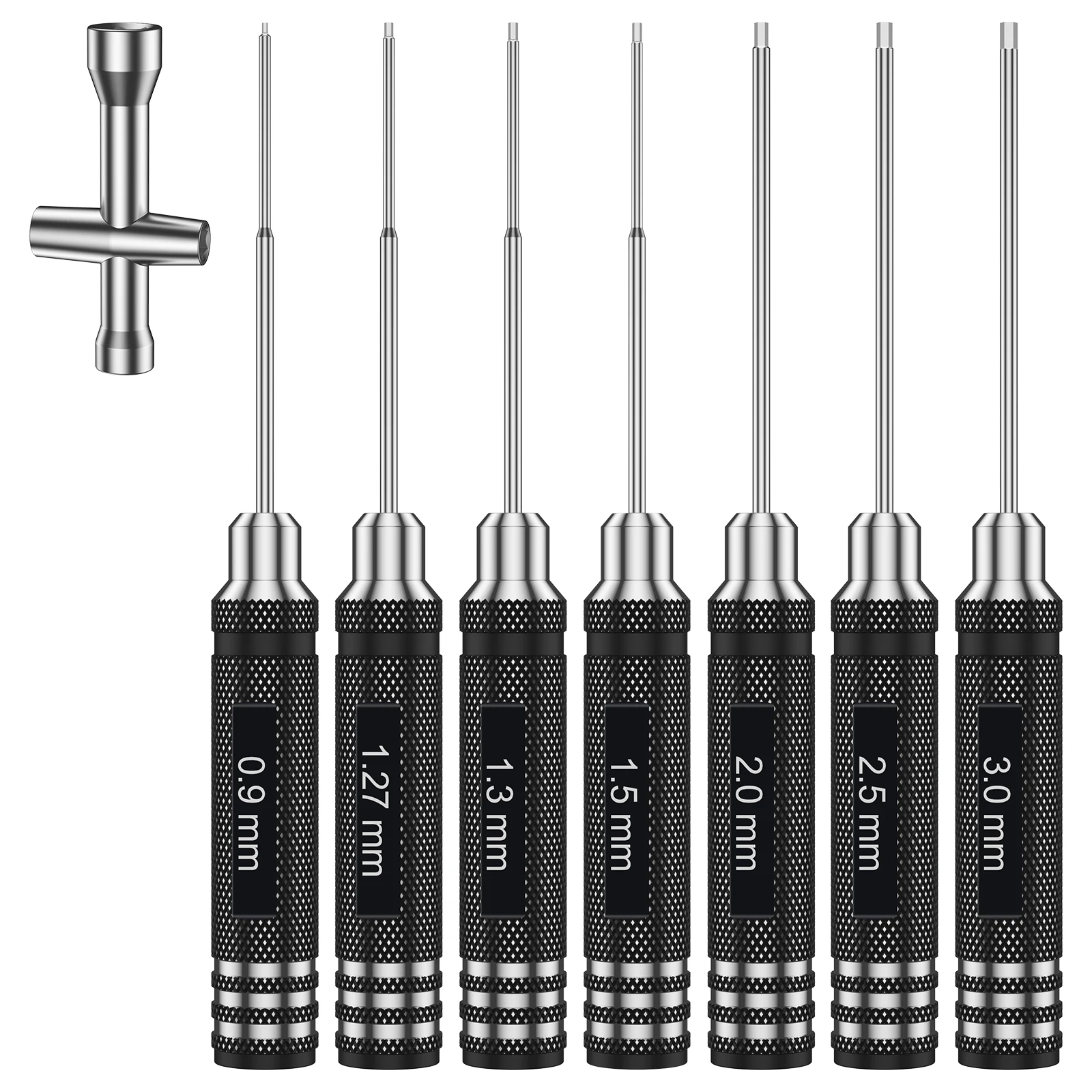 Vue d'ensemble du kit tournevis hexagonaux RC 7 pièces avec clé douille, outils disposés sur fond noir.