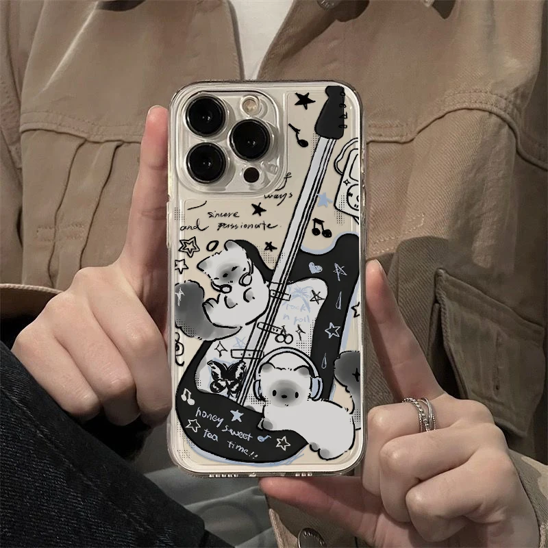 Luxurious Clear Black Guitar Cat Phone Case