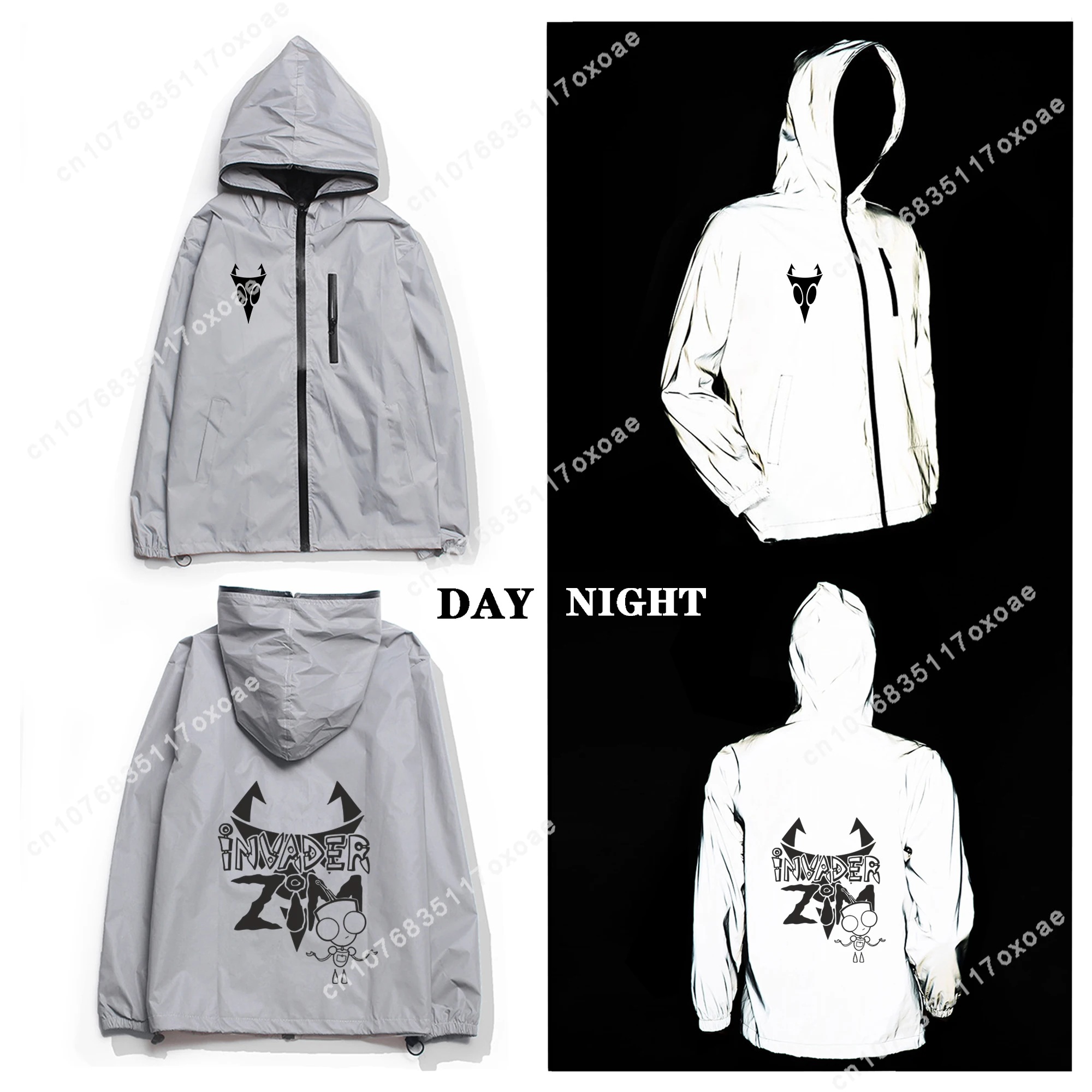 

Zim Reflective Jacket Mens Womens Coat Hooded Windbreaker Pocket Jackets Invader Anime Cartoon Manga Customization Hoodie