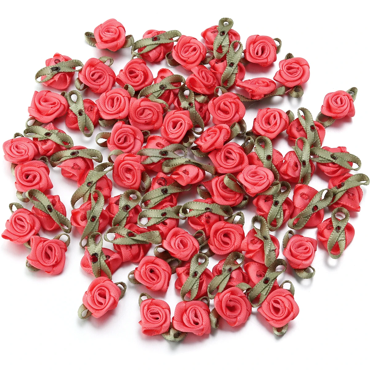 50-Piece Set: Vibrant Ribbon Rose Rosettes with Leaf Fabric Flowers