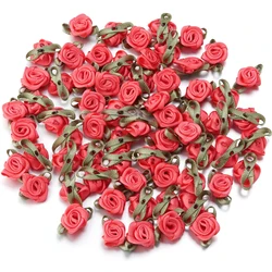 50 - Piece Set: Vibrant Ribbon Rose Rosettes with Leaf Fabric Flowers - 1.5x2.5cm 50pcs (Watermelon Red)