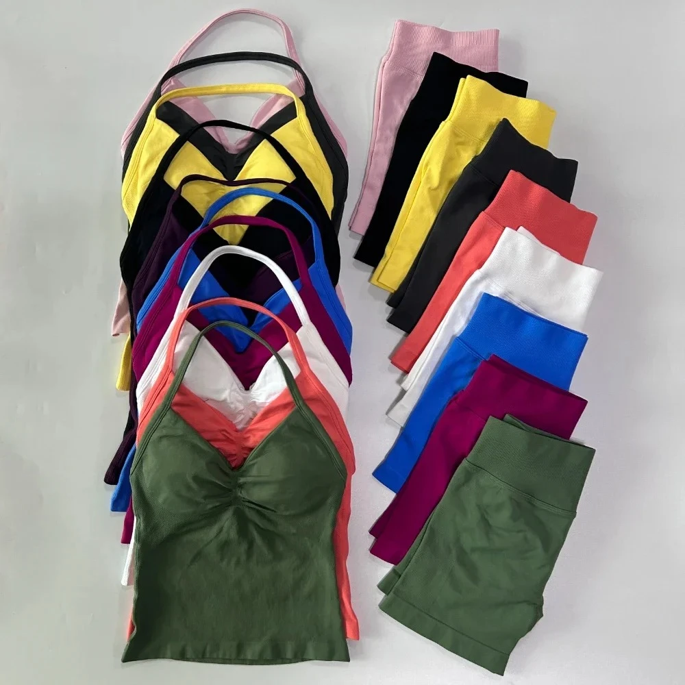 2 قطع الرياضة مجموعة المرأة عارية الذراعين تانك القمم عالية الخصر Scrunch سلس السراويل الرياضة البدلة الصالة الرياضية مجموعة ملابس رياضية تجريب مجموعة