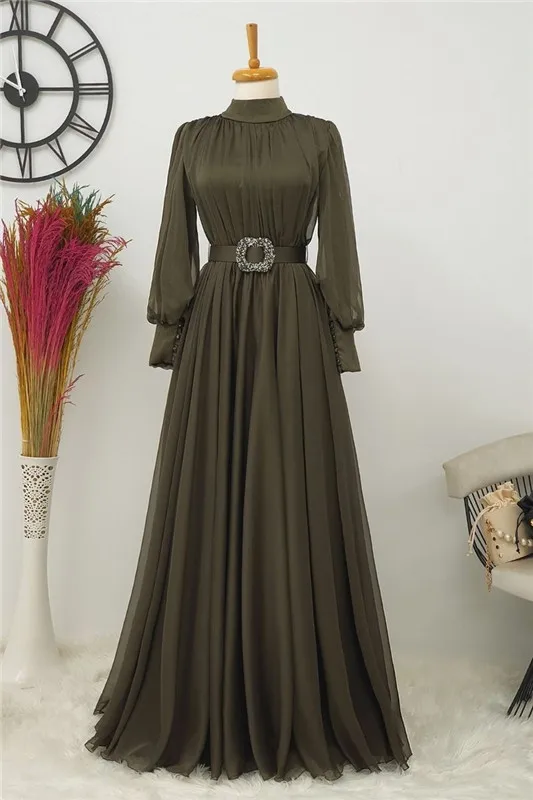 

Olive Long Chiffon Full Sleeves Muslim Evening Dress with Belt High Neck Dubai Arabic Formal Prom Party Gowns Beaded Robe