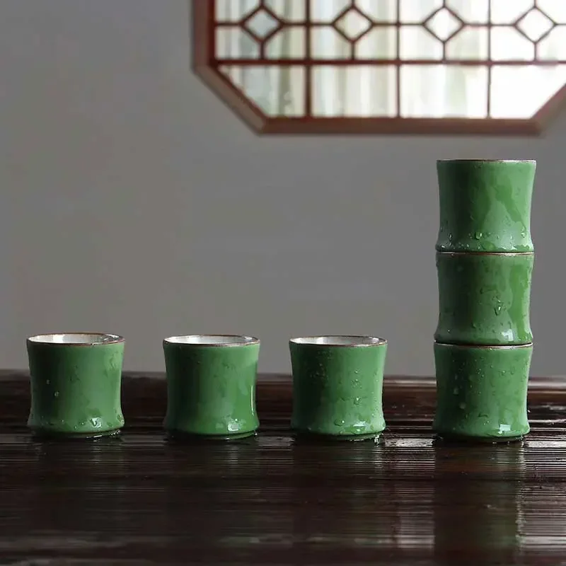 Teapot Cup Set 60ML Bamboo Joint Tea Cup Stoneware Green Glaze Master Cup Rising Step By Step Ceramics Shot Glasses Teahouse