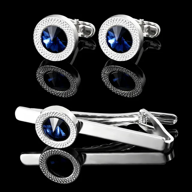 Fashionable Men's French Shirt Accessories Round Blue Crystal Cufflinks Diamond Embedded Sleeve Studs Tie Clip Wedding Gift