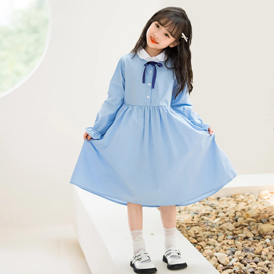 

2024 Children Clothes Casual Dresses Girls Cotton Long Sleeved Shirt Skirts Versatile Sweet Lovely Japanese Korean Style Bow Tie
