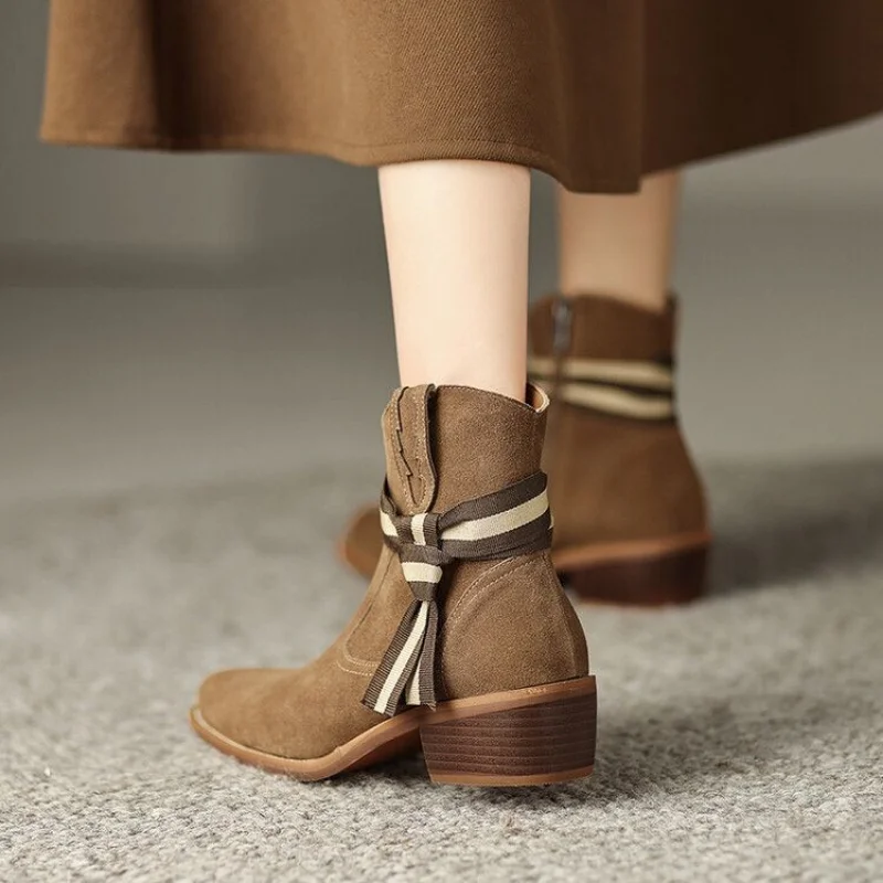 

Chunky Heels Women Shoes Round Toe Short Boots Shoes for Women Cow Suede Boots Women Side Zipper 2022 Autumn Winter Women Boots