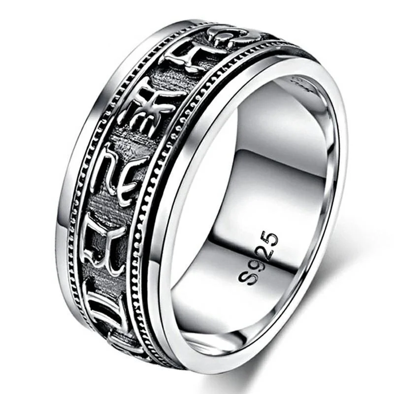 

925 Sterling Silver Jewelry Vintage Thai Silver Ring Budda Religious Saint Mantra Vajra S925 Ring (HY)