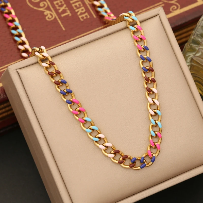 Stainless Steel Colorful Collarbone Necklace for Women Non-fading Vintage Punk Choker Bracelet Wedding Party Jewelry Set Gifts