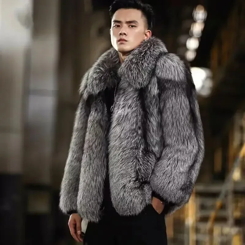 Faux Silver Fox Fur Coat Short Loose Cardigan Overcoat New Men Winter Thicken Warm Jacket  Leisure Fashion Outwear 2
