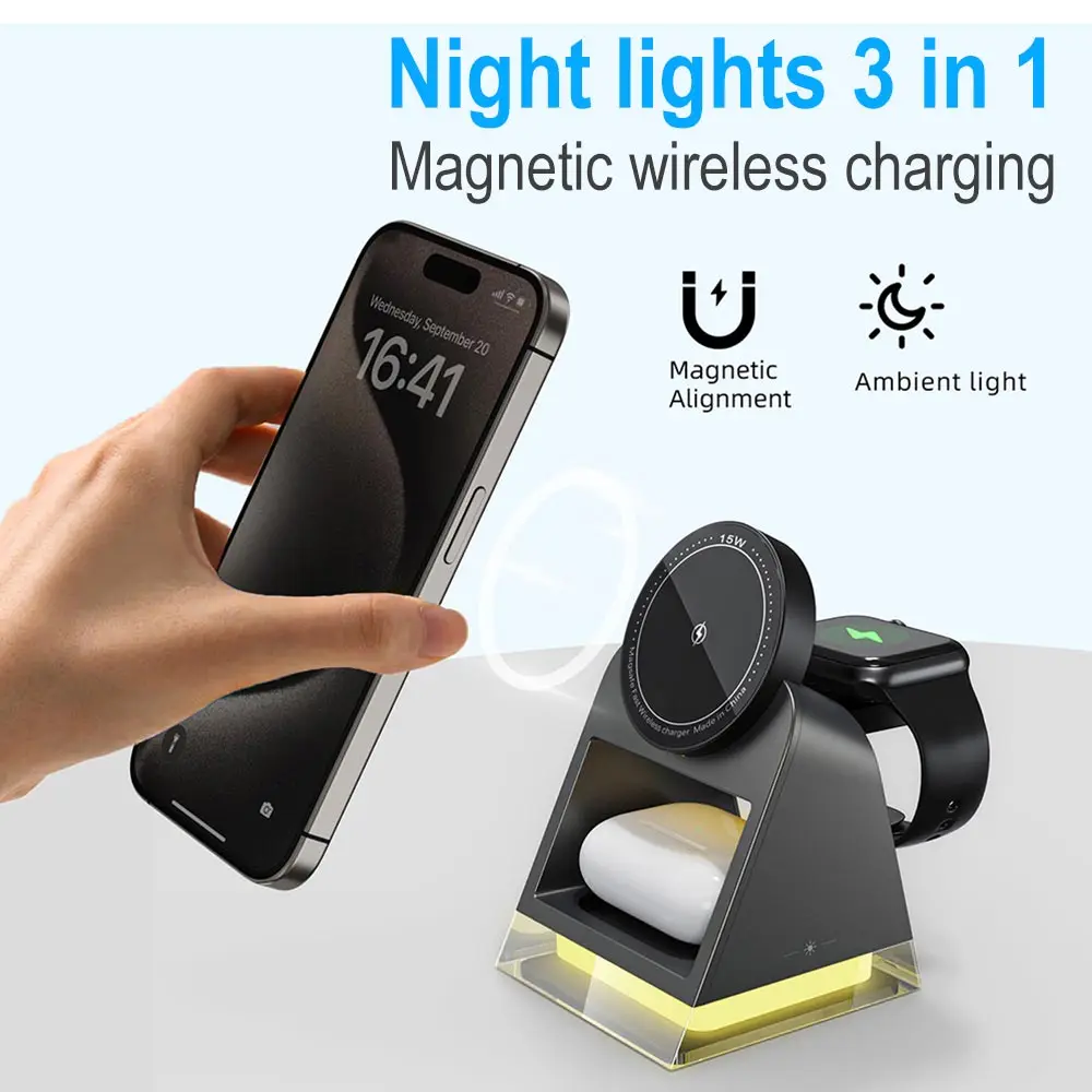 

3-in-1 night light Touch magnetic wireless charger 15W Fast charging station dock for iPhone 14 13 12 Pro Max IWatch 8 7 Airpods