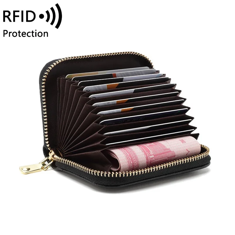 

First Layer Cowhide Organ Card Bag RFID Women's Card Holder Men's Business Card Bag Multi-function Zippered Small Wallet