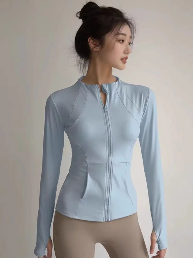 여성용 전문 요가 스포츠 재킷 가을 겨울 타이트 러닝 짐 탑 지퍼 가디건 빠른 건조 나일론 긴팔 슬림 핏