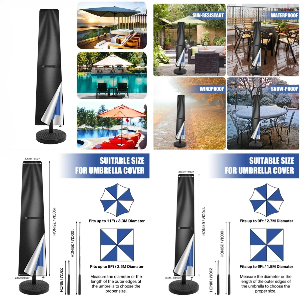 Waterproof Outdoor Patio Umbrella Cover with Zipper & Push Rod