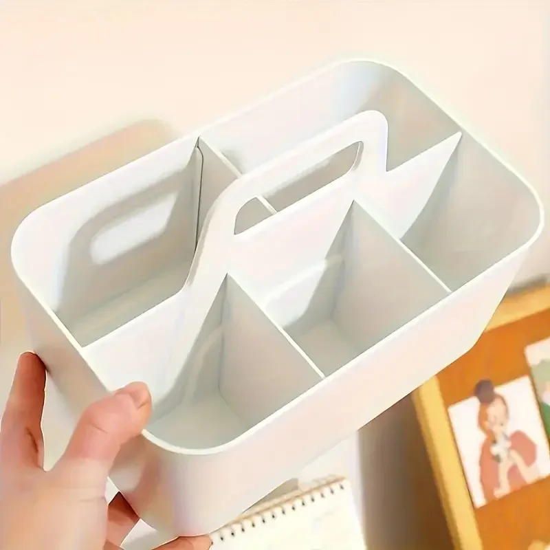 Plastic Storage Basket With Handle Desk Pencil Holder 5-space Stationery Organizer Pen Office Accessories Boxes Desktop School