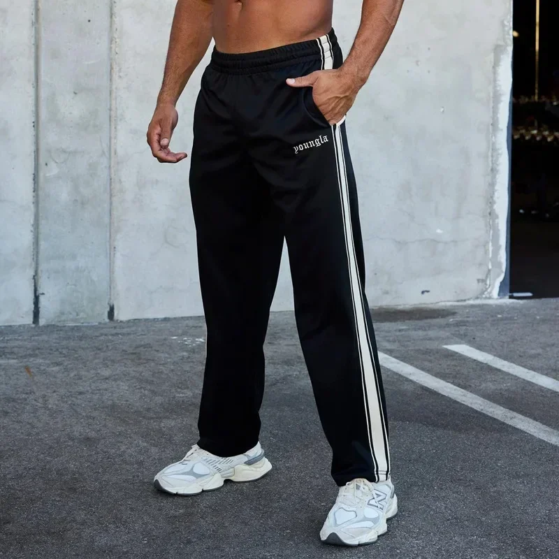 YOUNGLA American men's sweatpants webbing striped stitching embroidery casual pants gym sports straight pants 5