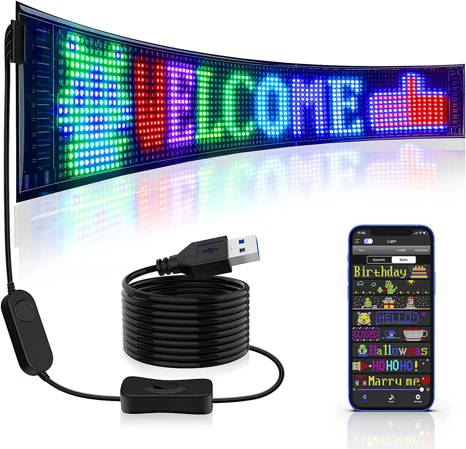 LED Matrix Pixel Panel, Scrolling Bright Advertising LED Signs, Flexible USB 5V LED Car Sign Bluetooth App Control - 1