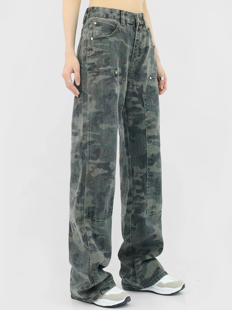 

2022 New Fashion Camouflage Green Cargo Pants Women Y2K Hippie Low Rise Jeans Retro Streetwear Harajuku Army Wide Leg Trousers