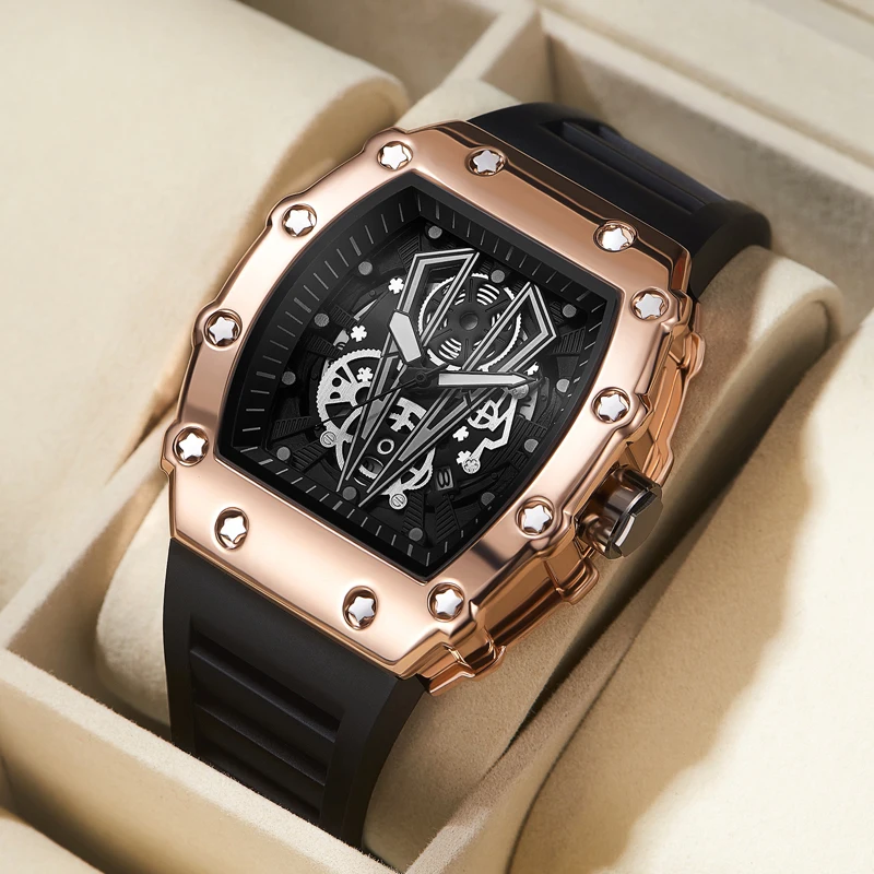 Orologio Meccanico Automatico Uomo Lusso - Quadrante Scheletrato Tonneau, Cinturino In Pelle, Impermeabile 3ATM, Luminoso