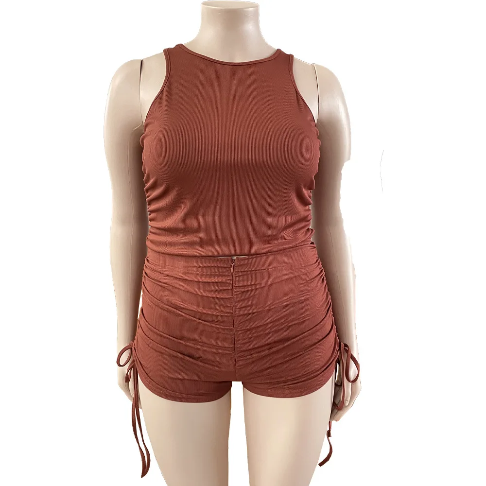 Plus Size Matching Sets Women Sleeveles Shirts Tops And Short Pants Female Fashion Sport Tracksuits 2023 Summer Two Piece Sets