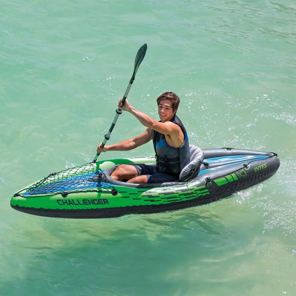 1 Man Inflatable Canoe with Aluminum Oars and Hand Pump, Green/Blue