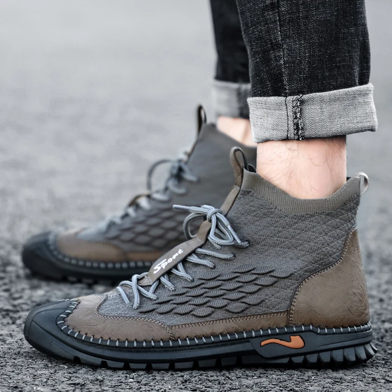 

Men Shoes slip on fashion Men's Boots Outdoor Male Hiking Boots big size 48 handmade sewing Work Shoes men sneakers